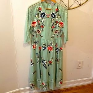 Long Sleeved Sea foam Green Dress with Flower Embroidery
